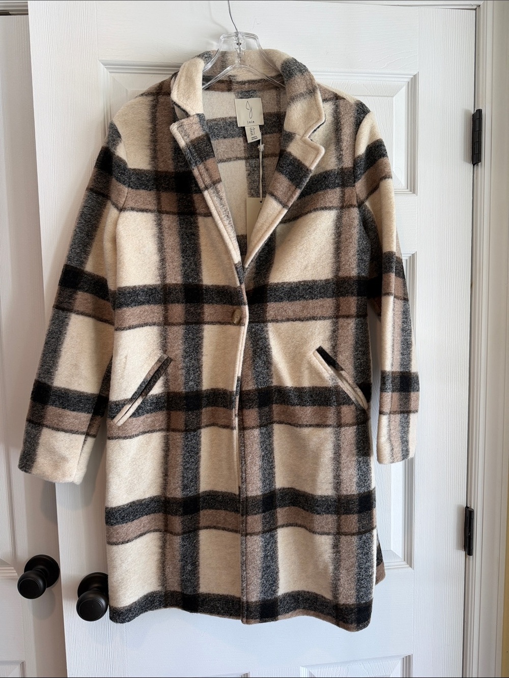 Joie Cream Plaid Single-Button Peacoat with Brown & Charcoal Stripes